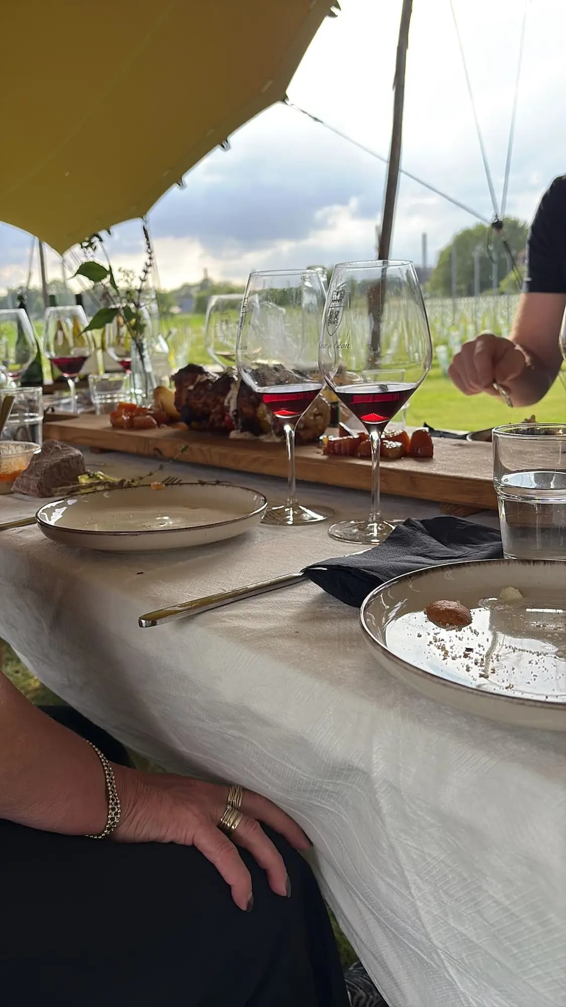 Gedekte tafel met wijnglazen en hapjes onder een tent, met uitzicht over de wijngaard